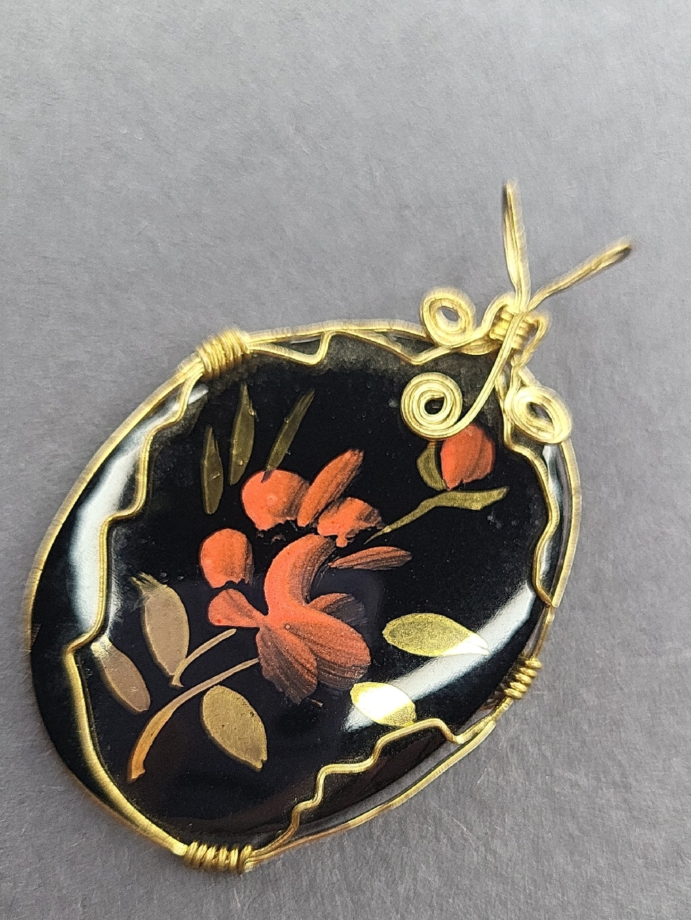 Hand-Painted Black and Red Floral Pendant